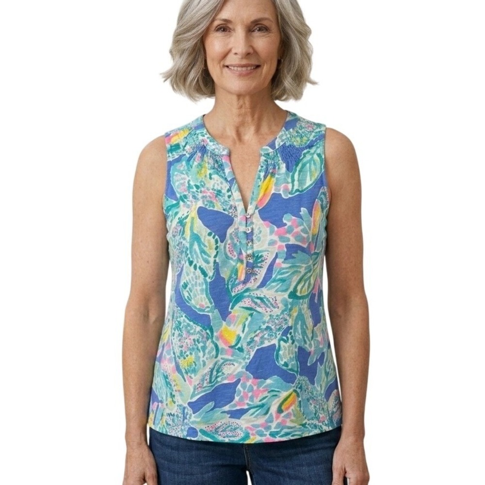 Lilly Pulitzer Sleeveless Top Women XS Blue Floral Cotton Smocked Split Neck‎